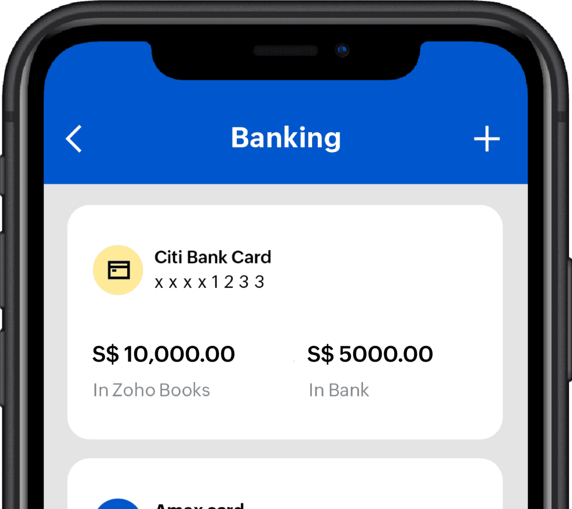 Zoho Books mobile app interface shows the banking module