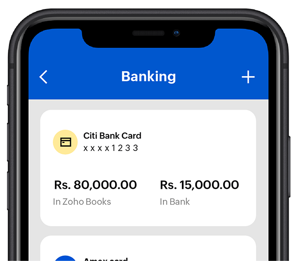 Zoho Books mobile app interface shows the banking module
