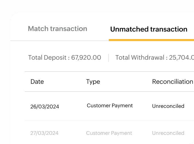 List shows unmatched transactions and unreconciled bank statements.